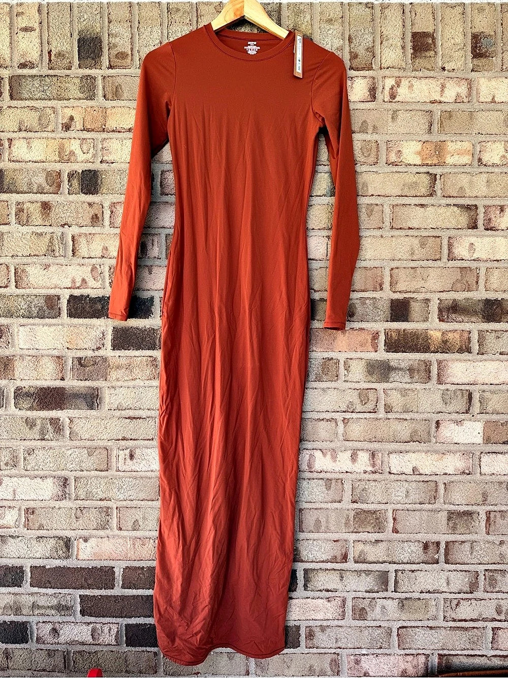 NWT SKIMS Fits Everybody Long Sleeve Crew Neck Dress Saffron Size M